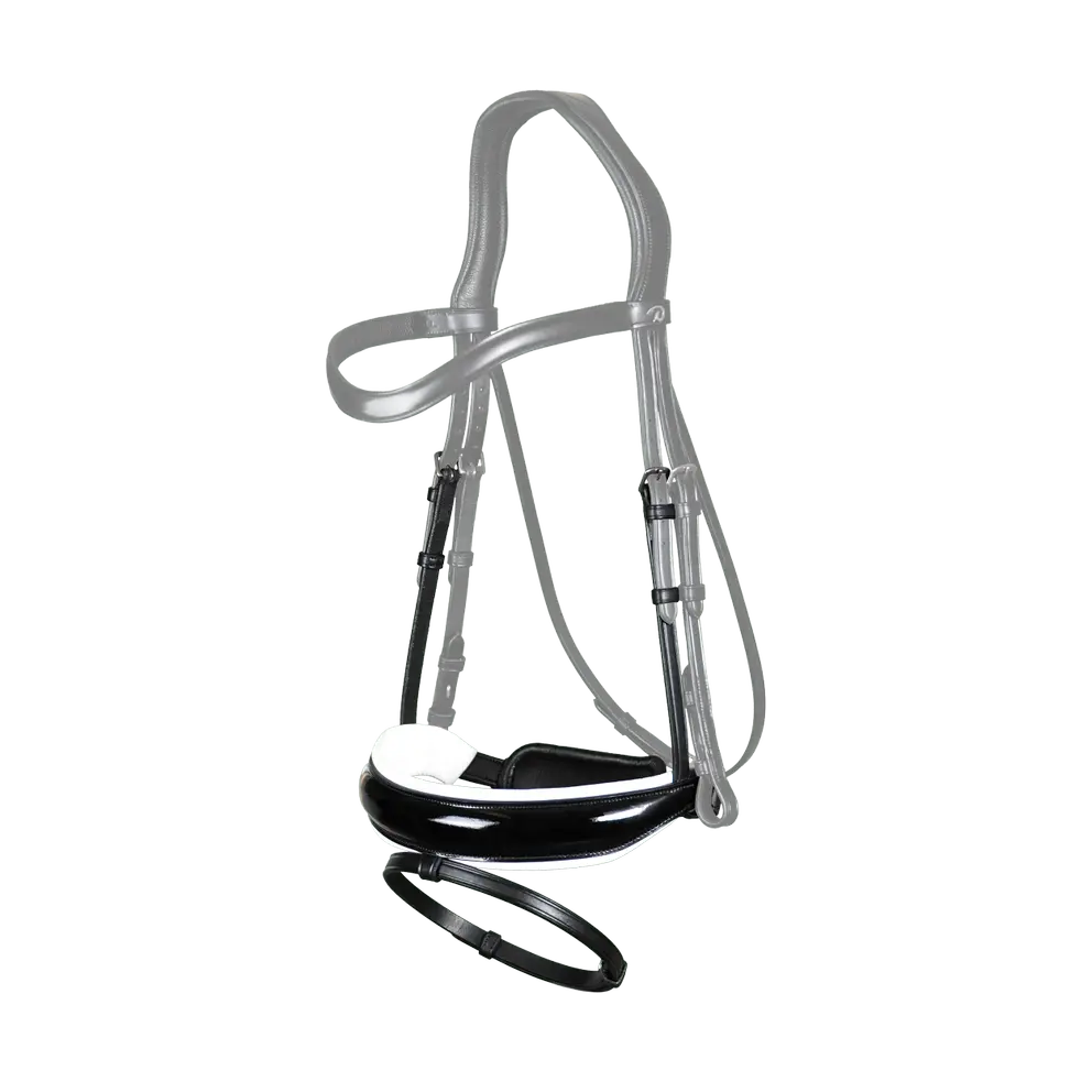 Breites schwedisches Reithalfter mit Sperrriemen Lack weiß unterlegt