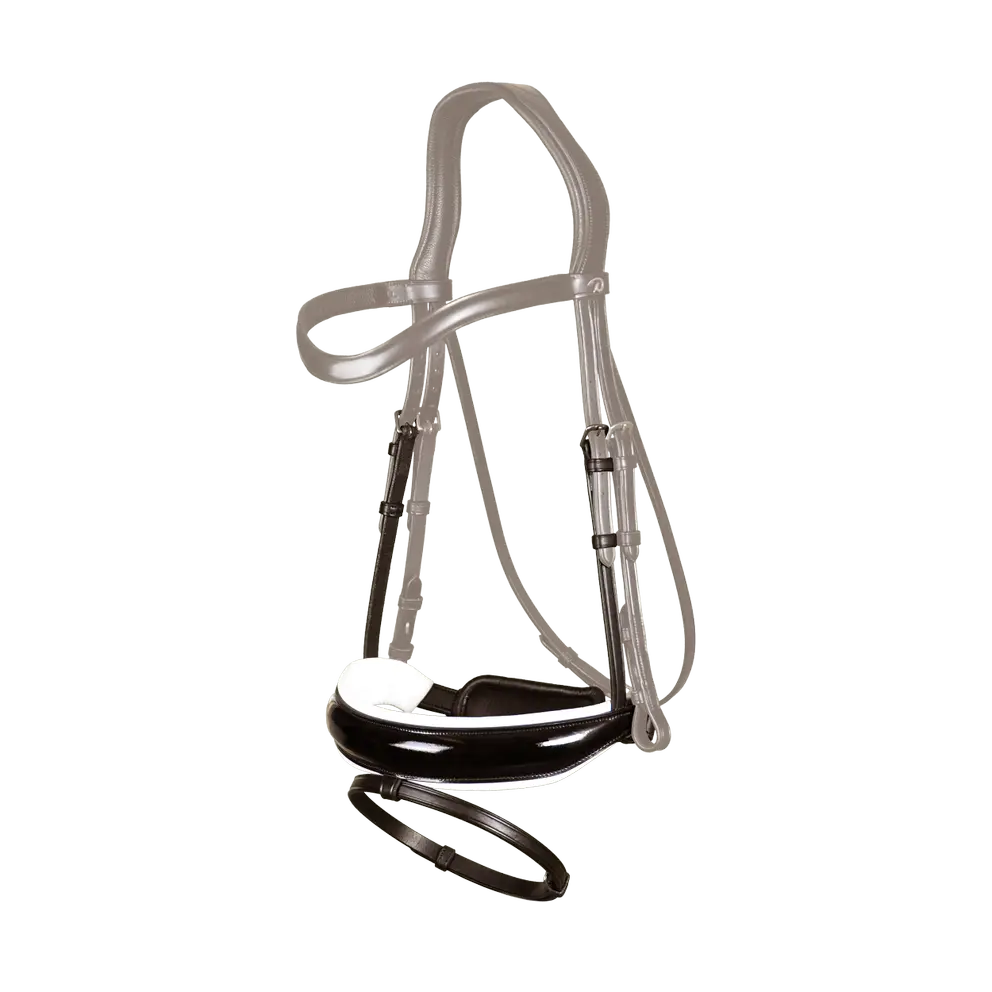 Breites schwedisches Reithalfter mit Sperrriemen Lack weiß unterlegt